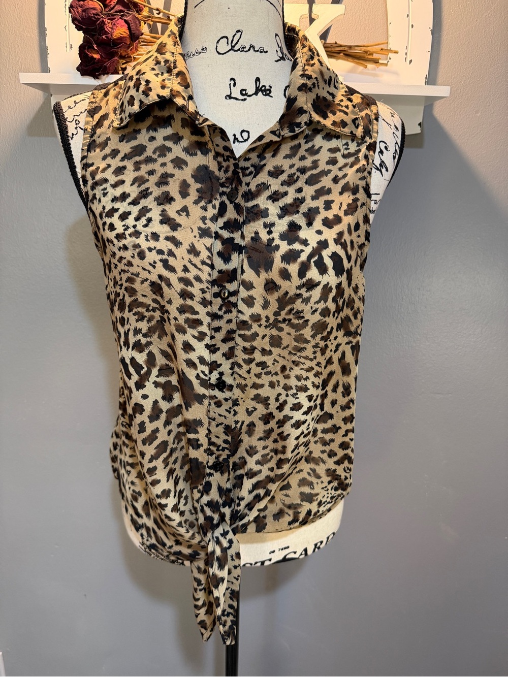 PENELOPE Leopard-Print Tie-Front Sleeveless Button-Down - Brown, Black Sz L